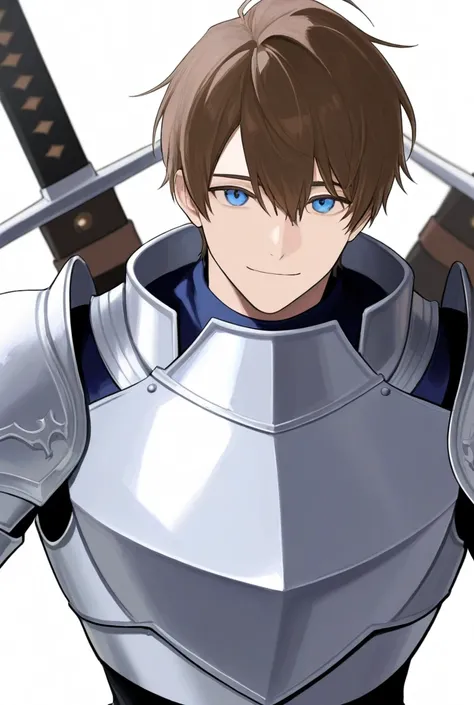 1boy,human,brown hair with blue  in front, blue eyes, slight smile, silver knight armor with a light in the joints, two swords one black and other white ,looks at viewer