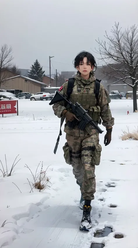  beautifulブルネットの兵士の少女。 winter camo military gear 、 Camouflage Plate Carrier Rig 、Combat gloves、Wear AR-15 。In a snowstorm、 beautiful、 Moody Lighting 、 top quality、 full body portrait、 realistic pictures、 Exquisite Details 、 depth of coverage、寒いIn a snowsto...