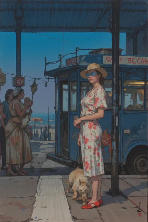   Kubrick movie inspired photo ,  movie stills,長閑な station platform outside the white lineでポーズをとる女性, floral dress, straw hats,light blue sunglasses , naive art  ,  station platform outside the white lineで待つ日本人モデル ,Detailed Gouache Paintings ,Dusk Scenery  ...