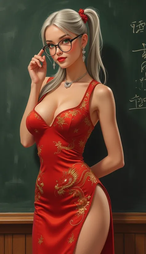 the proportions and detailed textures multicolored brushwork and softened with airbrush, semi-realism ink china illustration A sexy young teacher is shown (full body and in high quality), bold pose, perfect face, innocent look (bright emerald eyes) full li...