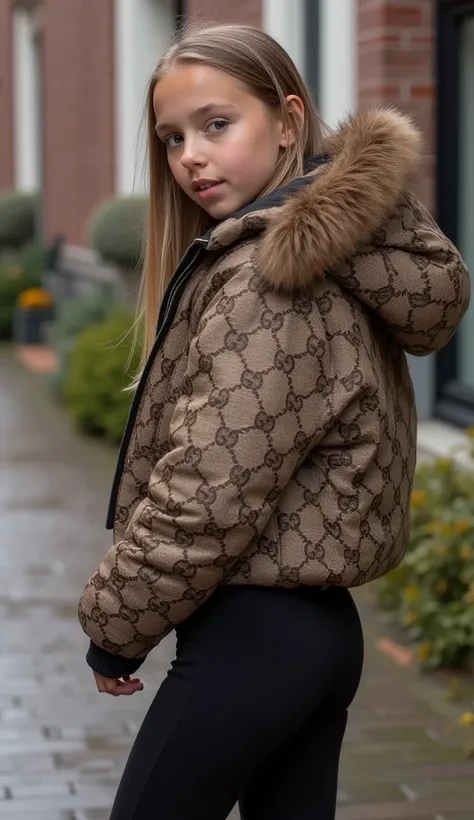 Backside diagonally photo from side behind of a sweaty hot wet cute beautiful darkblonde furtuned dutch spanish italia young posing age femboy wearing dull canvas brown mocha beige gucciprint cropped very short puffer jacket. Huge big brown furry fur hood,...