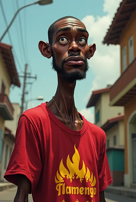 Make an black guy From Rio de Janeiro Caricature 

Cartoon caricature, with exaggerated features, wearing a Flamengo t-shirt

Very skinny

Criminal, drug addict, drug dealer, favelado and semi realistic Bald in favela holding a gun looking mad favelado hol...