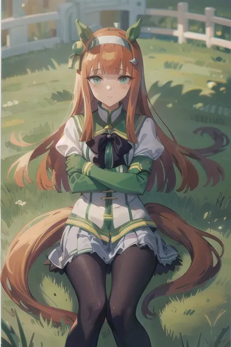 masterpiece,best quality,1girl,silence suzuka (umamusume),horse girl,horse ears,horse tail,orange hair,green eyes,long hair,ear covers,hairband,black gloves,black bowtie,layered sleeves,purple pantyhose,asymmetrical footwear,solo,on grass, outdoors,