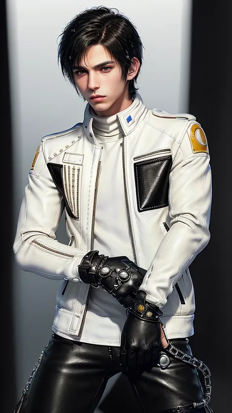 ((Final fantasy taste and reality graphics)), ((Japanese young cute and cool ikemen  boy)), his age is early 20s, thin eyebrows and beady eyes,, (((((boy wearing cream-white color thick leather and single-brest double zipper jacket))))), ,(((((jacket is vo...