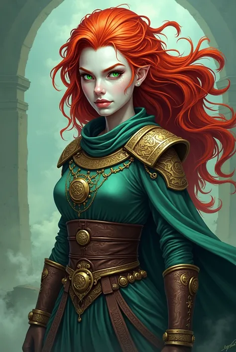  Create a cartoon-style image of a powerful woman,  a White-skinned witch ,  red hair,  bright green eyes , ancient warrior costumes , and exuding a great powerful and dangerous presence