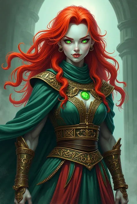  Create a cartoon-style image of a powerful woman,  a White-skinned witch ,  red hair,  bright green eyes , ancient warrior costumes , and exuding a great powerful and dangerous presence