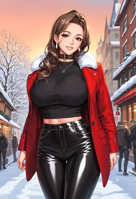 score_9, score_8, score_7, score_6,   source  _    animated, 1mature_FE, 1 woman, light brown,   smile,  dark brown hair ,   Very long hair,   shiny black eyes , black sweater with collar,  red winter coat,  black leather pants ,  big breasts,  city and wh...