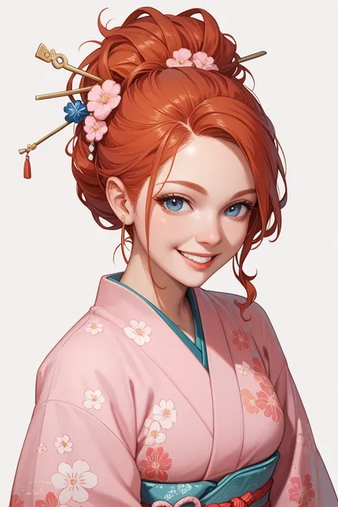  1 woman、Plain background。 redhead updo、 pink kimono。Facing the front and smiling 