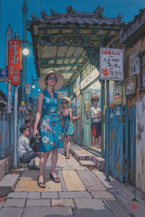   Kubrick movie inspired photo ,  movie stills,長閑な station platform outside the white lineでポーズをとる女性, floral dress, straw hats,light blue sunglasses , naive art  ,  station platform outside the white lineで待つ日本人モデル ,Detailed Gouache Paintings ,Dusk Scenery  ...