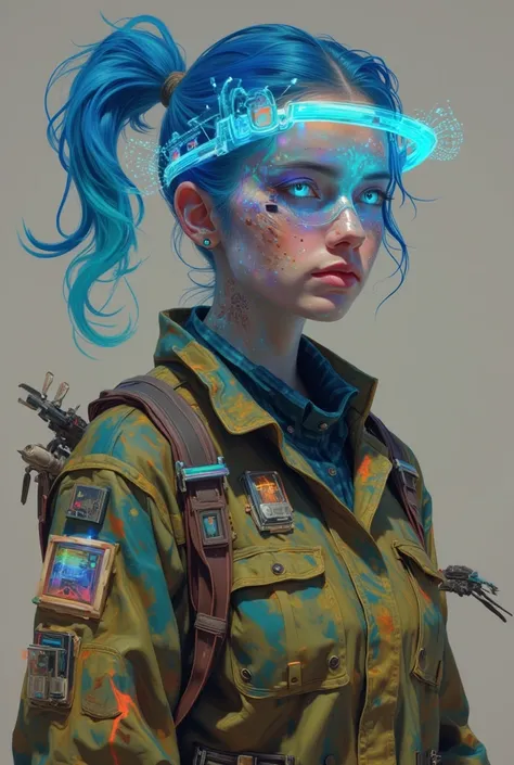   and a brilliant mind that seems to work faster than any supercomputer.  Her vibrant blue hair ,  tied in a messy ponytail , holographic interface glasses always resting on your forehead. skin is light, a speckled with freckles,  and her cybernetically en...