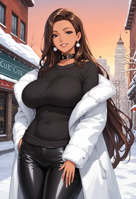 score_9, score_8, score_7, score_6,   source  _    animated, 1mature_FE, 1 woman,  brown skin,   smile,  dark brown hair ,   Very long hair,   shiny black eyes , black sweater with collar,  red winter coat,  black leather pants ,  big breasts,  city and wh...