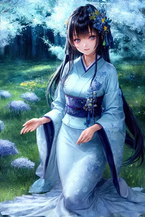  Young Japanese Women、Cute Face、 Beautiful style 、Blue see-through dress、Grassland with wild flowers blooming 、 night sky with beautiful stars visible 、beautiful illustrated art including a large green tree 、 beautiful digital illustration art、 Masterpiece...