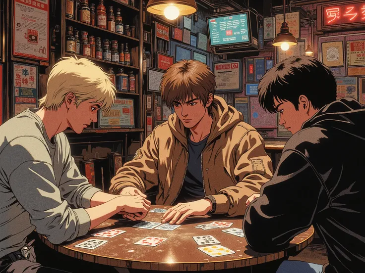 Three guys, twenty years old,  alone with blond hair and a grey long sleeve shirt, another with brown hair and a brown bomber jacket ,  third Asian man with black hair in a black sweatshirt , sit and play cards 