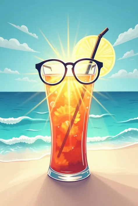 A LOGO WITH THE BRAND GLASSES AND WAVES WITH A BACKGROUND ON THE BEACH PLUS THE SUN IN A DRINK