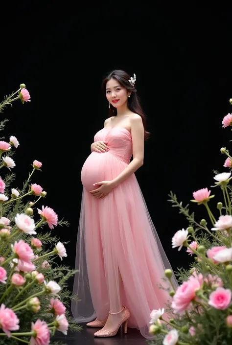 Beauty Korea pregnant, flawless makeup, memakai gaun fairy pink dan heels pink, stand among fresh flower decorations, black background photoshoot.