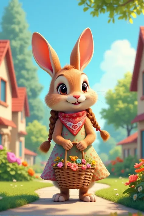 Young rabbit with wide eyes, wearing bandana, long French span and holding cute basket, face in brightly colored dress, cute little character, human-like, bright suburban background, detailed image.