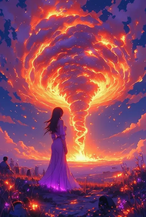 Sexy woman, big bust,  big butt, Sexy standing on the surface of the sun, Purple dress moves through the tornado position spectator watching a huge tornado of fire.  focus on the solar tornado .  foreground of the solar tornado . on the ground,  there is a...