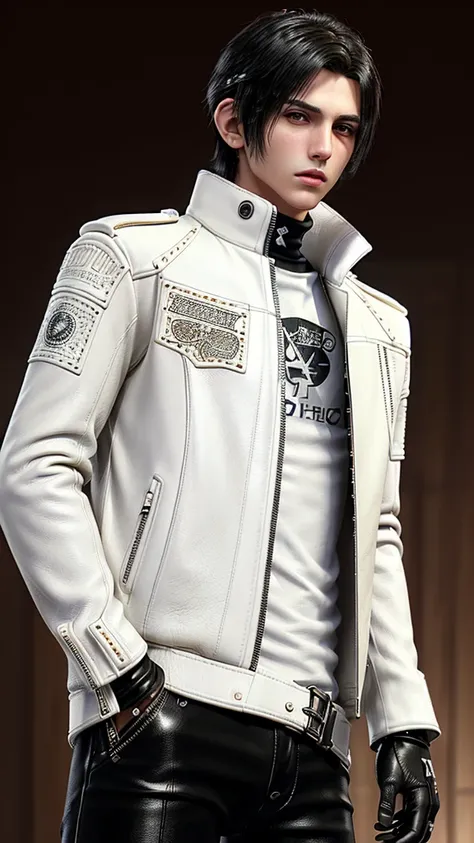 ((Final fantasy taste and reality graphics)), ((Japanese young cute and cool ikemen  boy)), his age is early 20s, thin eyebrows and beady eyes,, (((((boy wearing cream-white color thick leather and single-brest double zipper jacket))))), ,(((((jacket is vo...