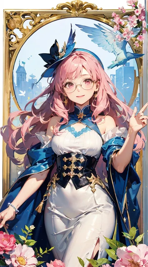  the style presented 、 It's a pixel art featuring an anime girl with long curly hair dyed pink。 in the pixel art style presented 、 The girl is Ming I have bright, pale pink eyes and white skin 。 she has round glasses and 、 I'm wearing a loose, transparent ...