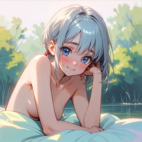  one 、 short silver-haired ponytail 、lake、 big ass、 small tits、 Compa、Lie down、 holding her face up on her elbow、 embarrassed face、Wearing 1 comforter 、naked、 super quality next to each other、 in ultra high quality