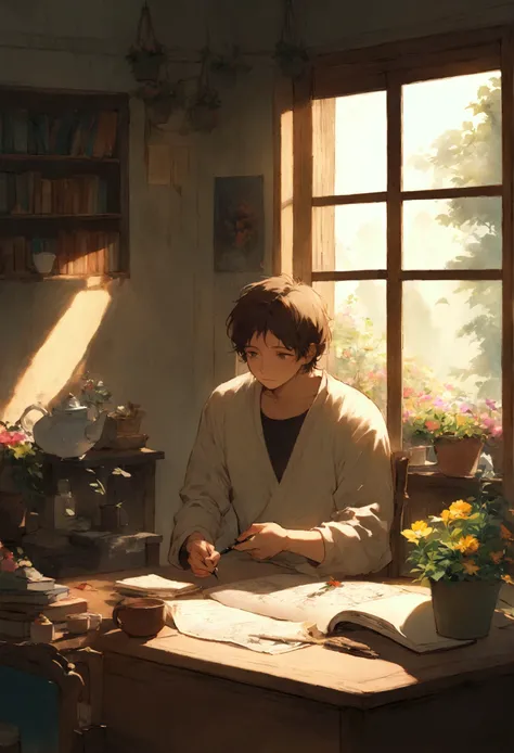 The painting, in the style of Studio Ghibli, depicts a psychological counselor enjoying his work in a warm and peaceful setting.

In a small room filled with soft, natural light, a man in his thirties sits on a wooden chair by his desk. He wears a long-sle...