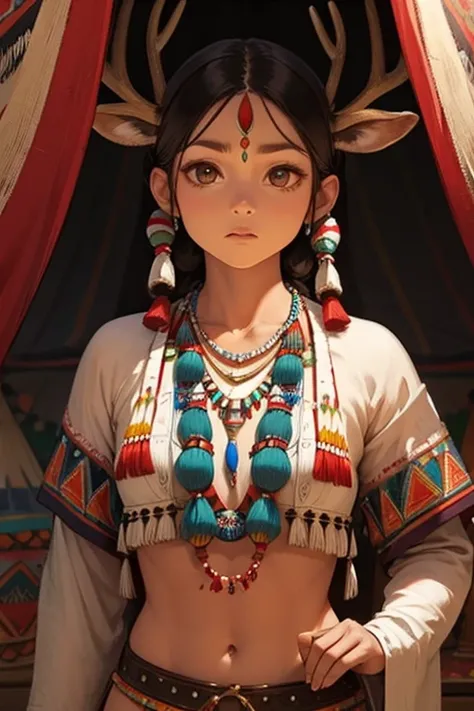  Native American、Navajo tribe 、Decorations、 deer antler necklace 、 pendant top is deer antler、 beads and patterns 、 embellished with leather 、Indian tent 