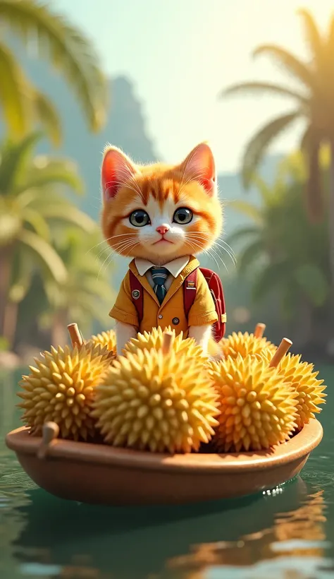 kitten(kitten cat orange , cute, dressed school uniform) boarding a puffer fish boat with lots of durian on it