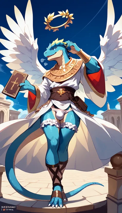 Highest quality、perfect anatomy,Anthropomorphic male Lizardman in white thong panties,lace panties,Furry、Lizard head、Lizard tail,Gay、ancient greek style white robe,gladiator sandals、Fantasy、Skimpy、White Breath、crotch close-up、angel halo,anime style,slit bl...