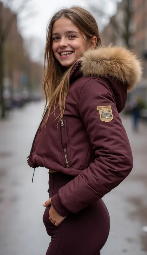 Backside diagonally photo from side behind of a sweaty hot wet cute beautiful darkblonde furtuned dutch spanish italia young posing age femboy wearing dull canvas plum beige brown burgundy gucciprint cropped short puffer jacket. Huge big brown furry fur ho...