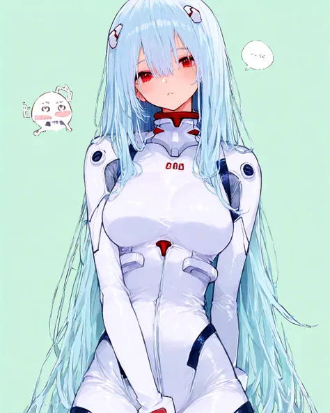  top quality    、 Masterpiece、           748cm style          、          8k wallpaper、 Masterpiece、 top quality   、   high detail、cute poster、 absurd,    latest,                  woman 1 person 、Rei Ayanami、  light blue hair、 long hair、  red eyes、 white pl...