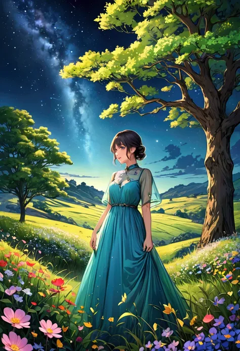  Young Japanese Women、Cute Face、 Beautiful style 、Blue see-through dress、Grassland with wild flowers blooming 、 night sky with beautiful stars visible 、beautiful illustrated art including a large green tree 、 beautiful digital illustration art、 Masterpiece...