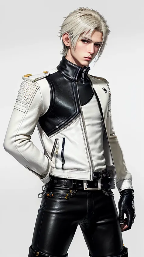 ((Final fantasy taste and reality graphics)), ((Japanese young cute and cool ikemen  boy)), his age is early 20s, thin eyebrows and beady eyes,, (((((boy wearing cream-white color thick leather and single-brest double zipper jacket))))), ,(((((jacket is vo...