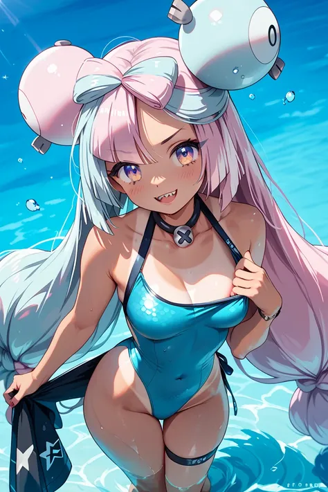 undressed iono (pokemon), tanlines, adjusting swimsuit, pink  aqua swimsuit, hand under swimsuit, 