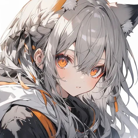  gray hair、 orange eyes、Fox ear hood、human、 hoodie
