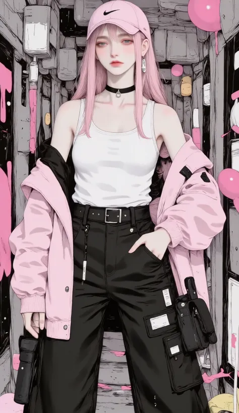  flat great general full body from head to toe, centered image,  Sakura arafed woman with loose jacket with pockets and pink hood and wide black pants with pockets and long belts drawings wears a cap with a pink visor and the Nike brand,  standing in front...