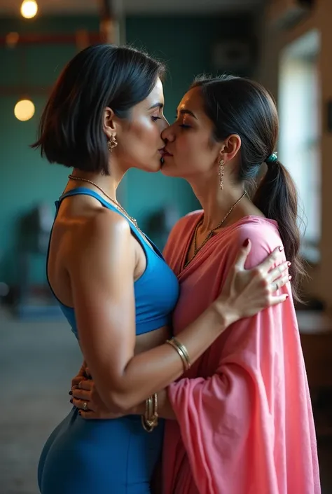 Realistic, Gym background, 
A women athletic in blue wrestler dress short hair 
Kissing an mid age  Indian housewife wearing pink  cotton Saree low neck long hair blouse mangalsutra in neck 
Embracing each other 
