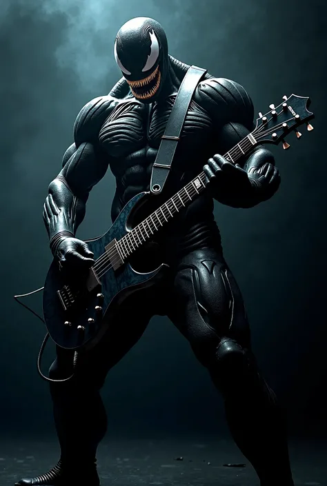 Muscular Venom playing guitar guitar in a dark room with the Super Maneir guitar 