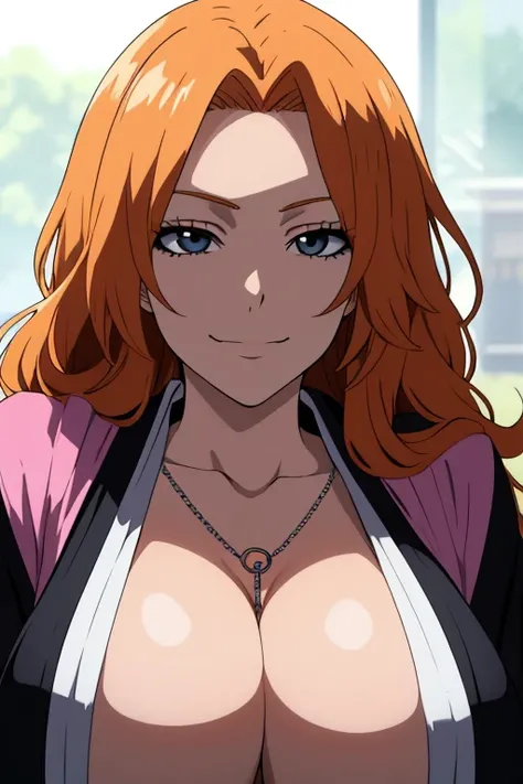 Ultra high definition, rangiku matsomoto, portrait, boobs, closed mouth smile, upper body, facing the camera, front view, cleavage, necklace, rangiku necklace, black soul reapers robes, pink scarf