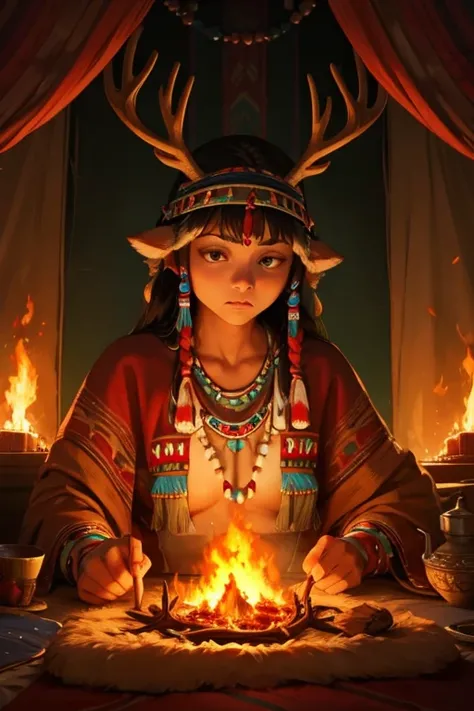  Native American、Navajo tribe 、Decorations、 deer antler necklace 、 pendant top is deer antler、 beads and patterns 、 embellished with leather 、Indian tent 、Do you take the antlers on the head、Handling flames