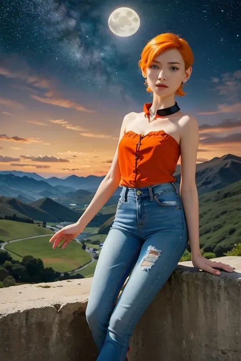 Gwen, strapless blouse,  short hair,  orange hair, collar,  Thin body ,  small bust,  full body shirt, jeans,  pretty legs, landscape, mountainous, Outstretched hand,  starry sky,  Full Moon,