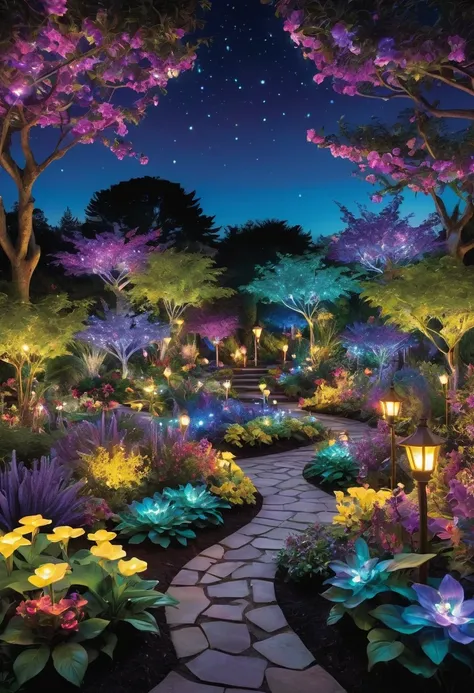 Fantasy garden night scene: A very brightly lit landscape: Trees and bushes decorated with flowers and lights of various colors Purple, green, blue, yellow and white lights shine, creating a magical atmosphere Garden layout: Lights wrap around the trees an...