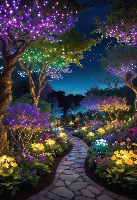 Fantasy garden night scene: A very brightly lit landscape: Trees and bushes decorated with flowers and lights of various colors Purple, green, blue, yellow and white lights shine, creating a magical atmosphere Garden layout: Lights wrap around the trees an...