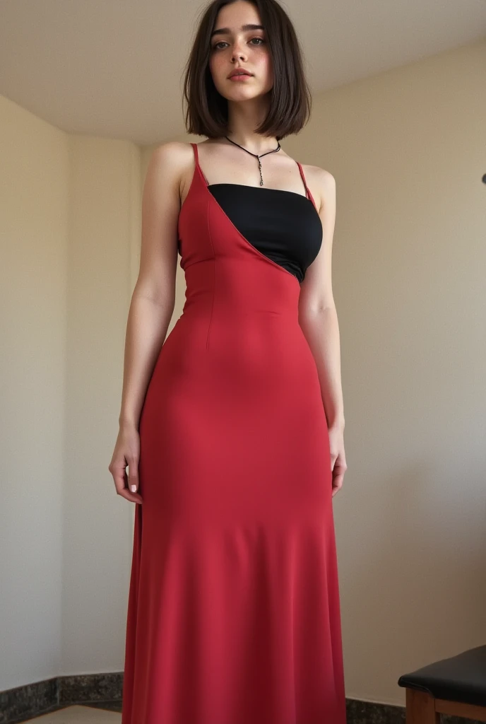  An innocent-looking woman in a long, tight matte red dress, fitted long strappy dress , tube dress, sexy,  She has been around for a long time ,  straight black hair tied in a ponytail ,  wide hips, and well-shaped legs .  Her face is tender and expressiv...