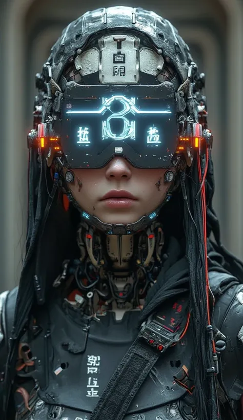 Create the image of a woman named Cybernetic Nun with the following characteristics:

Hair: Covered by a holographic veil of digital saints.

Eyes: Blindfolded, with sonic sensors on the temples.

Skin: Extreme paleness with tattoos of biblical codes.

Mod...