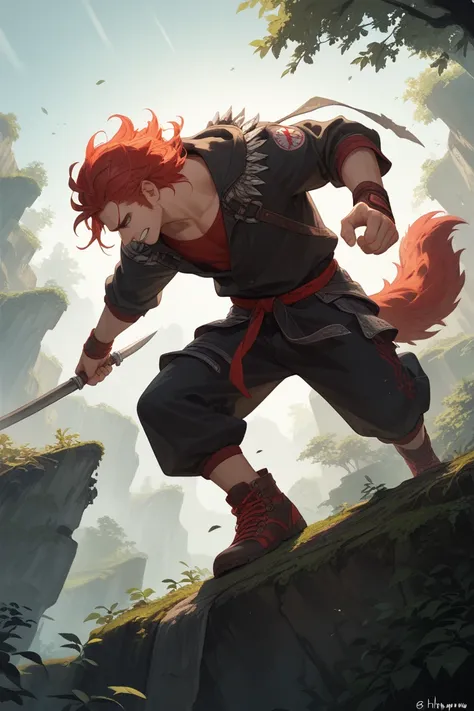 A long-haired red-haired man, dressed in a street fight-style outfit, falls off a cliff into the forest below but manages to grab onto the edge just in time. He has a wolf’s tail, and a wolf character is gripping his foot. The image is full-body in a semi-...