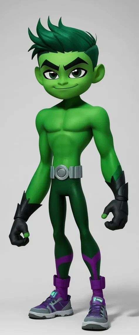 Fifteen year old boy dark green hair with bare chested muscular body beast, boy Teen Titans go green skin