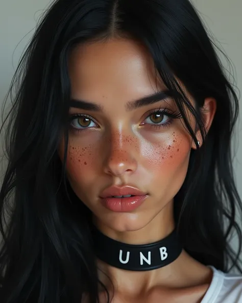 Make a very realistic like a real person, gros plan of a futuristic young latina beautiful face with black hair and eyes and freckles.
On her neck a collar with the letters “UNB”.
High Resolution, Realism, 1girl, Detail, UHD, Best Quality, Realistic, Long ...