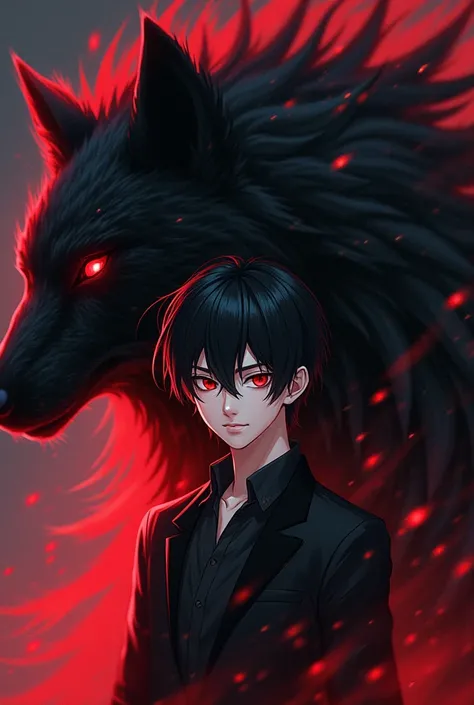 Create an anime-style image of a fair-skinned male character,  black hair,  red eyes, with the aura of a black wolf with giant red details behind it.