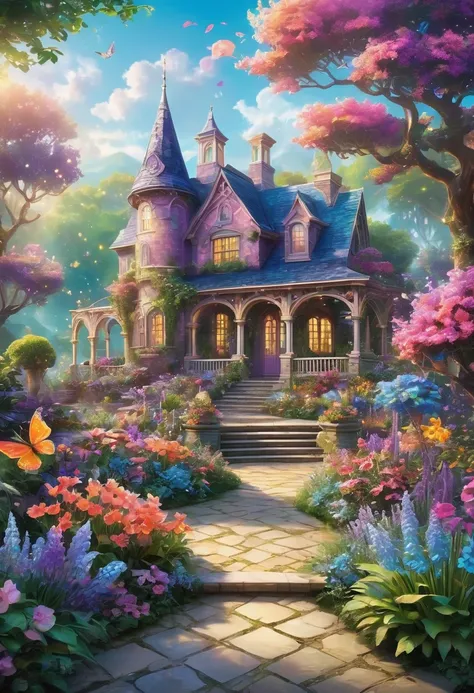 Background and Environment: A colorful, fantastical garden overflowing with colorful flowers and plants. Twinkling lights are scattered throughout, creating a magical and fantastical atmosphere. A grand, decorative building with large windows in the backgr...