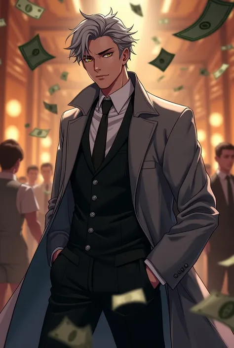  young man, gray hair, black suit,Wear a gray coat,Money is scattered, gold eyes, animation inside the party hall